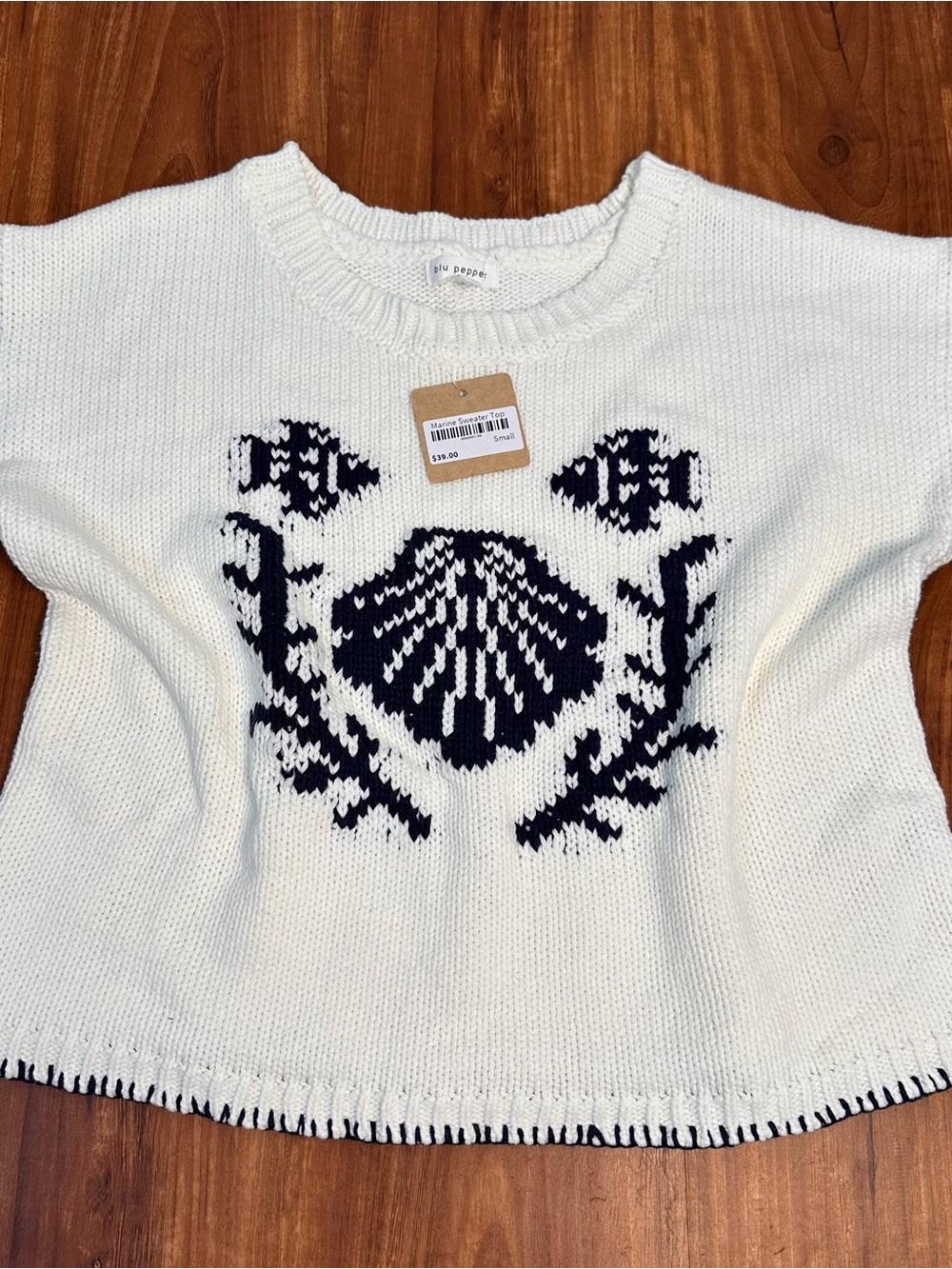 Blu Pepper White Crewneck Sweater with Navy Shell Intarsia